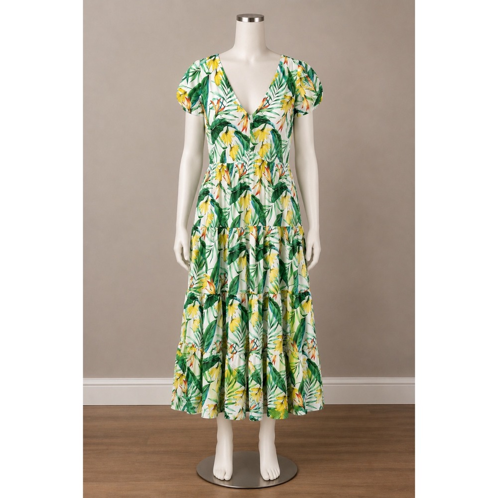 HM Tropical Floral Cotton Maxi Dress XL V-Neck Tiered Summer Boho White Green